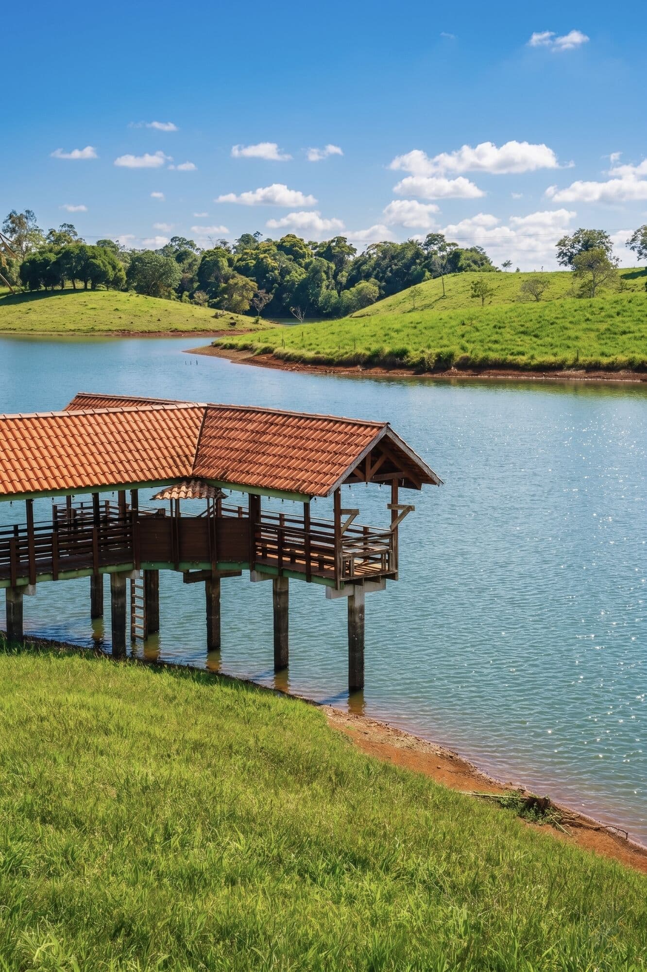 Muelle techado sobre el lago, vista panorámica con colinas verdes